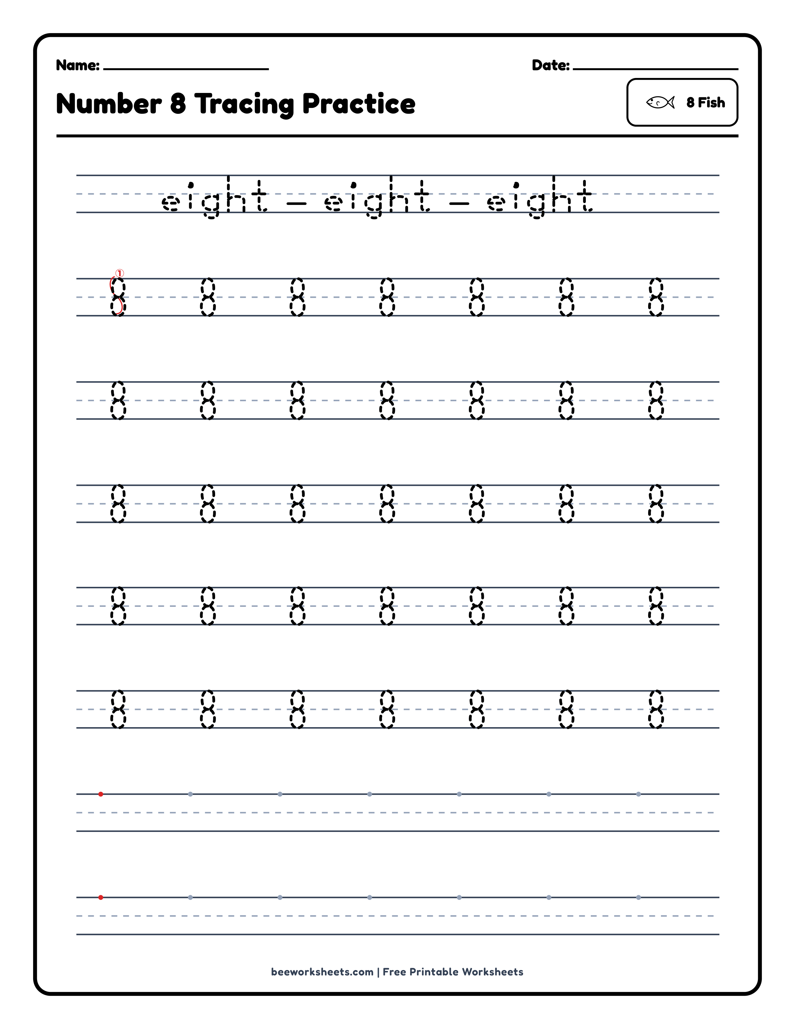 Number 8: Fish Counting & Tracing Math Worksheet Preview