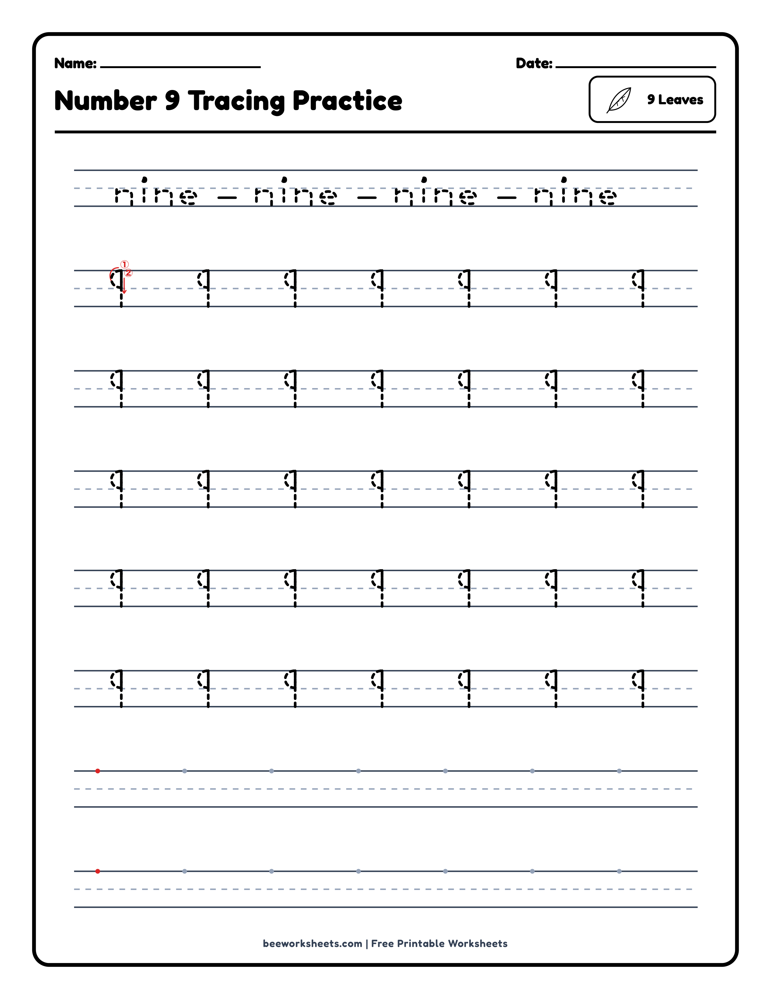 Number 9: Leaves Counting & Tracing Math Worksheet Preview