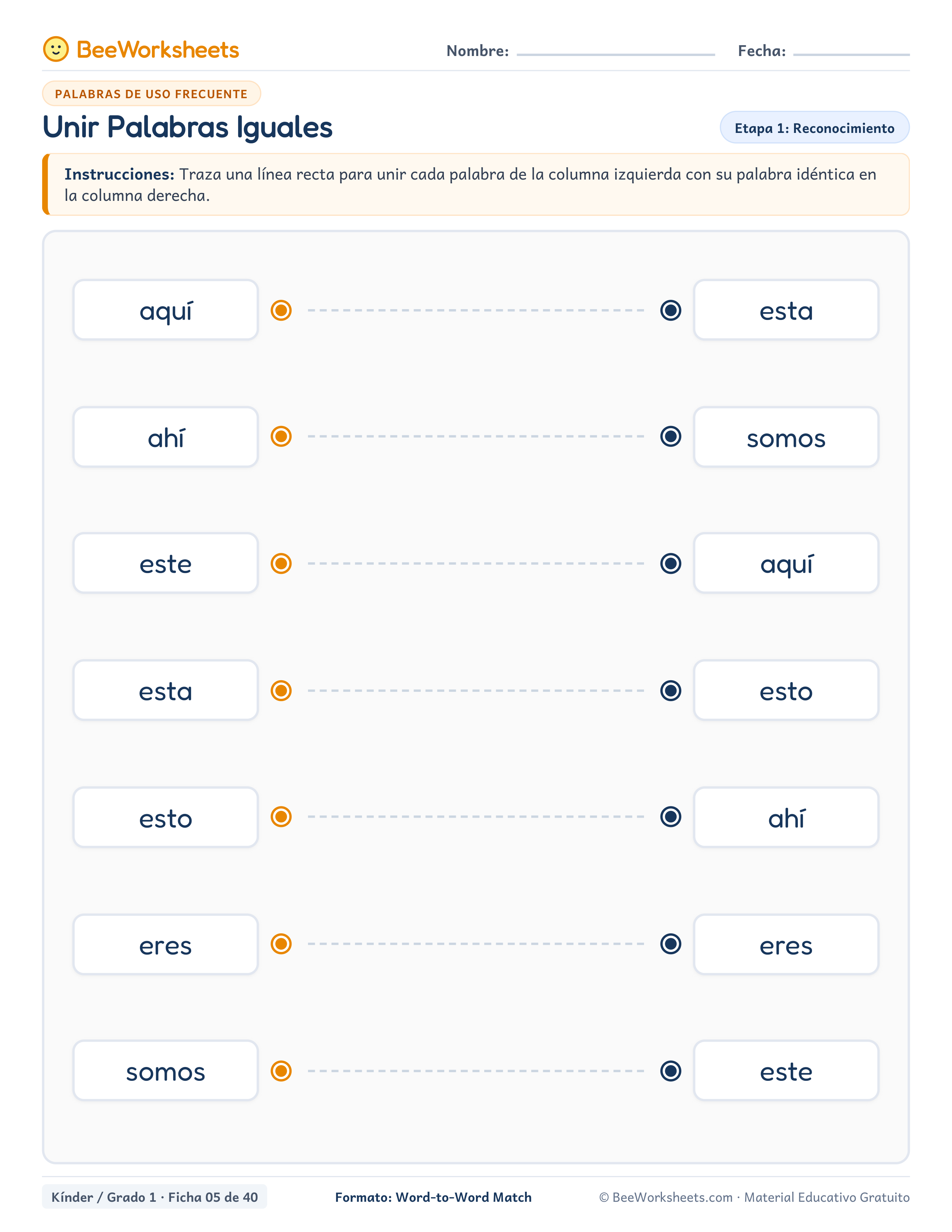 Spanish sight words worksheet: Unir Palabras Iguales