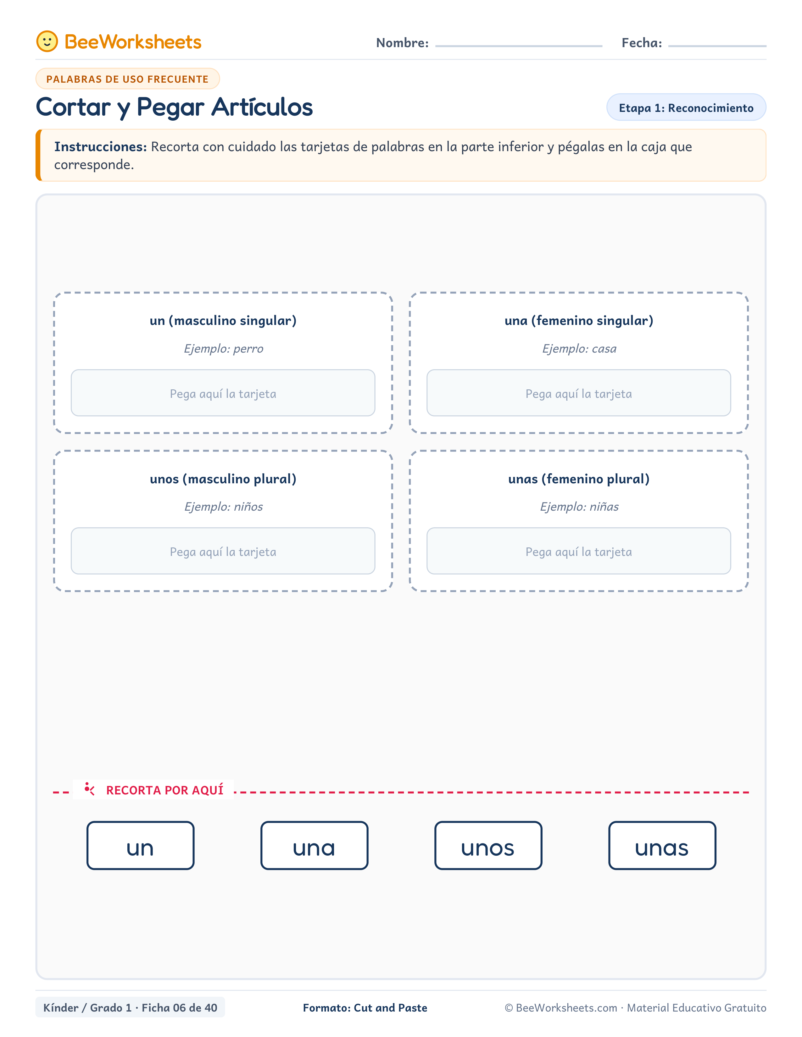 Spanish sight words worksheet: Cortar y Pegar Artículos
