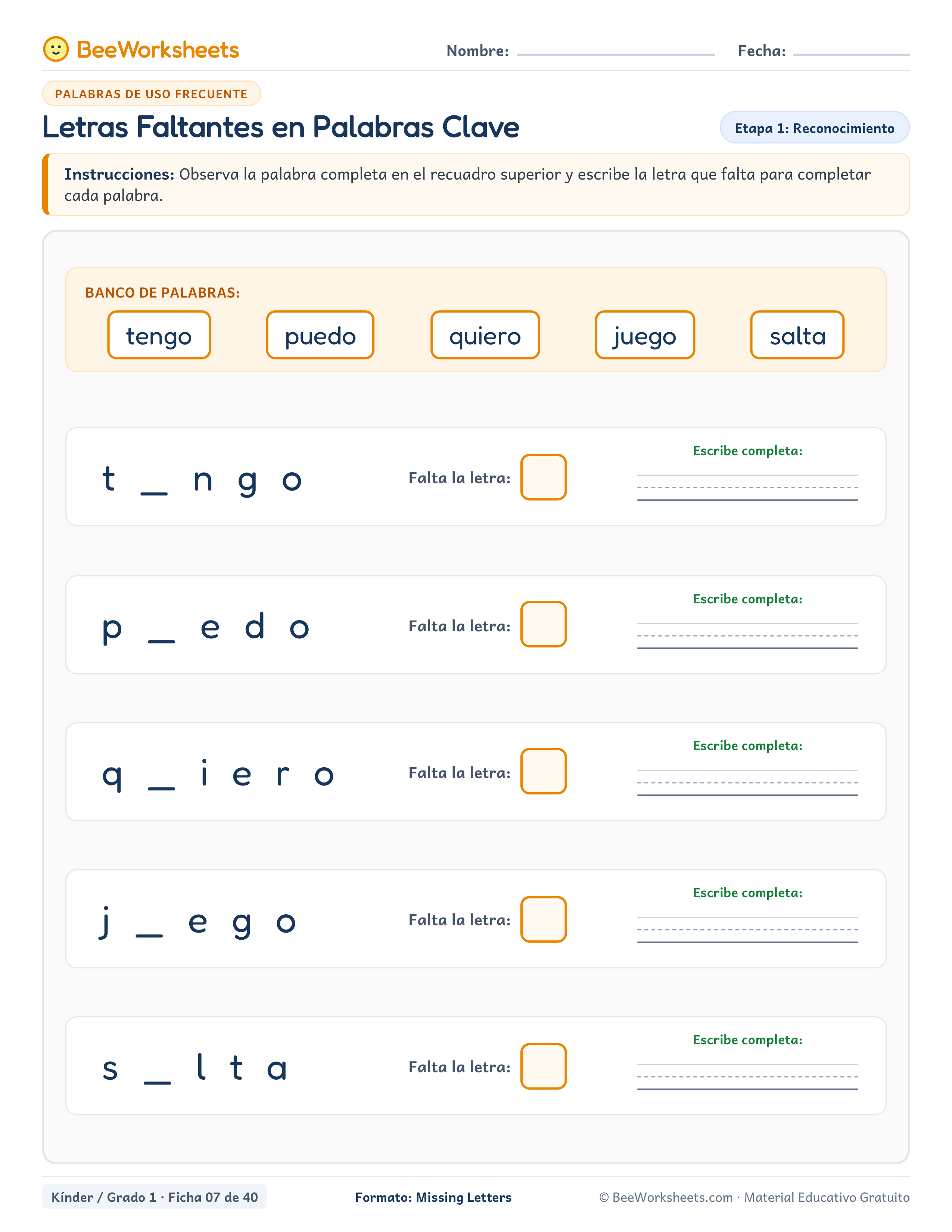 Spanish sight words worksheet: Letras Faltantes en Palabras Clave