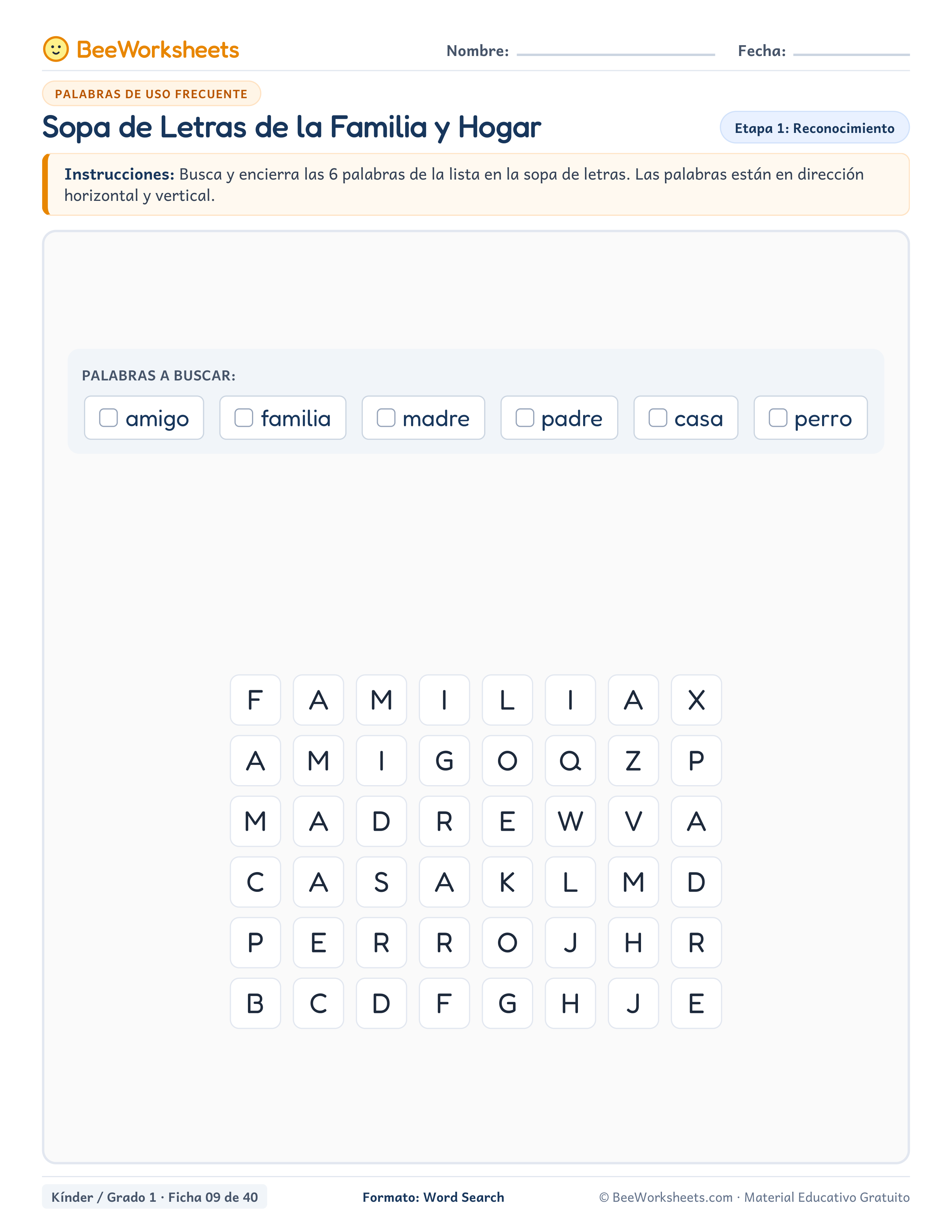 Spanish sight words worksheet: Sopa de Letras de la Familia y Hogar