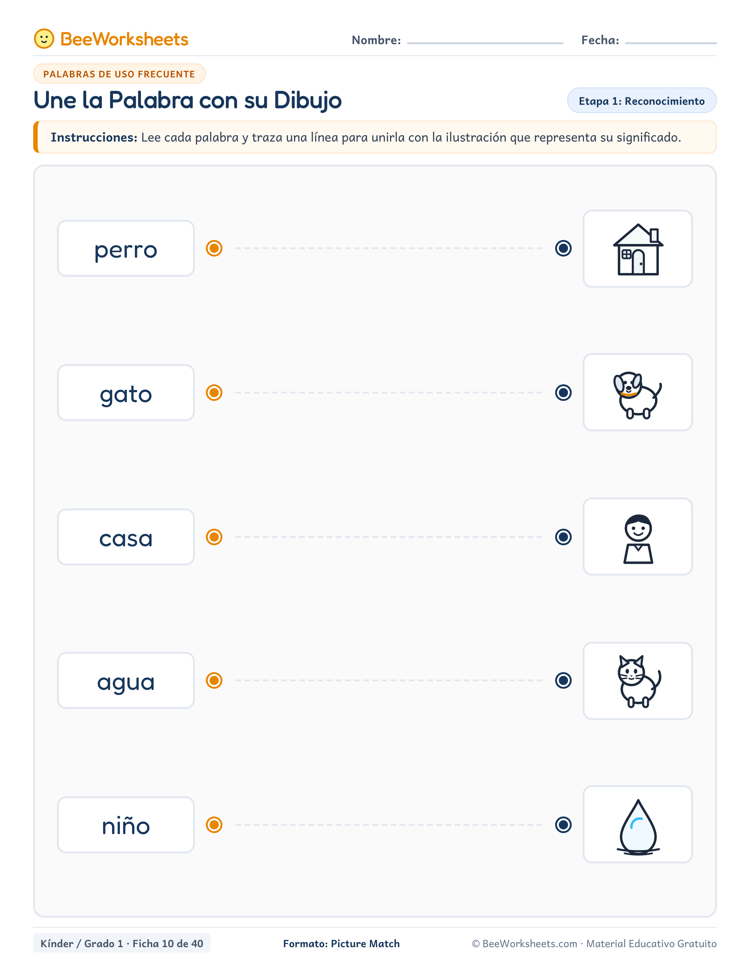 Spanish sight words worksheet: Une la Palabra con su Dibujo