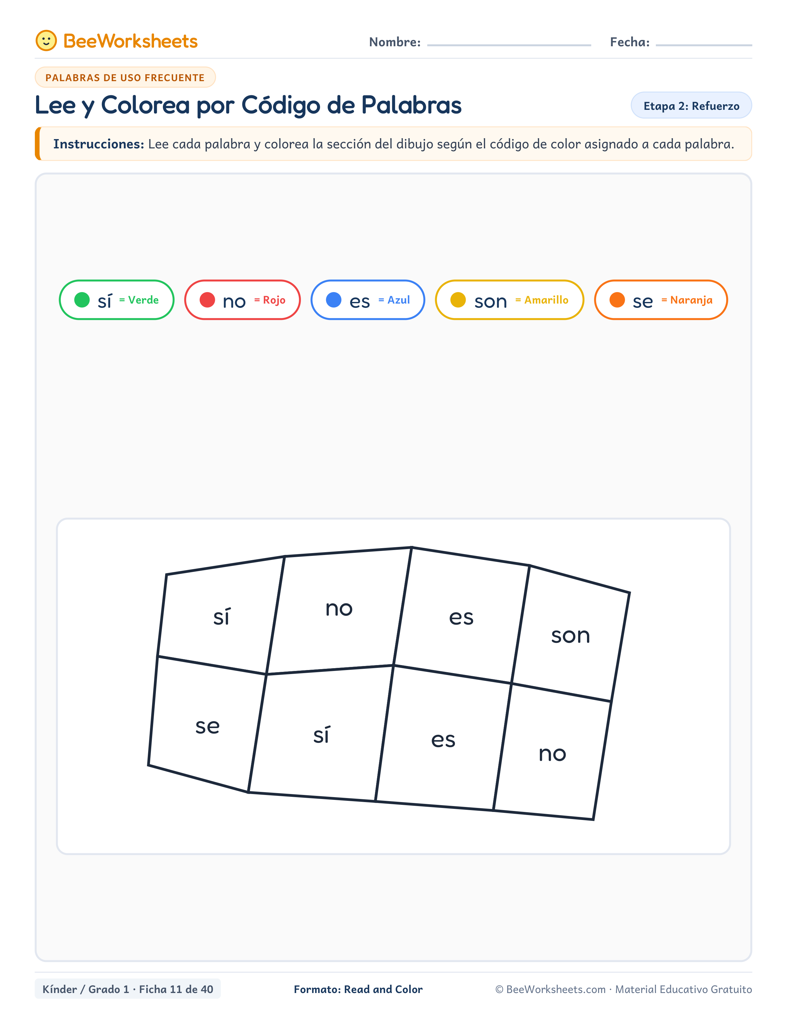 Spanish sight words worksheet: Lee y Colorea por Código de Palabras