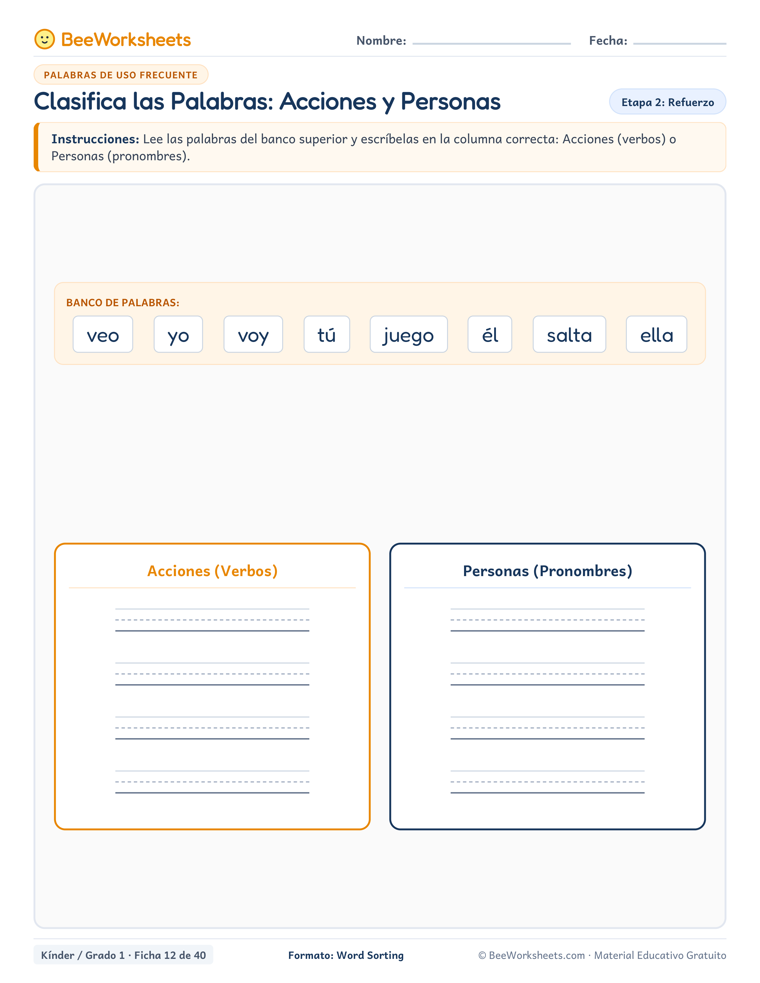 Spanish sight words worksheet: Clasifica las Palabras: Acciones y Personas