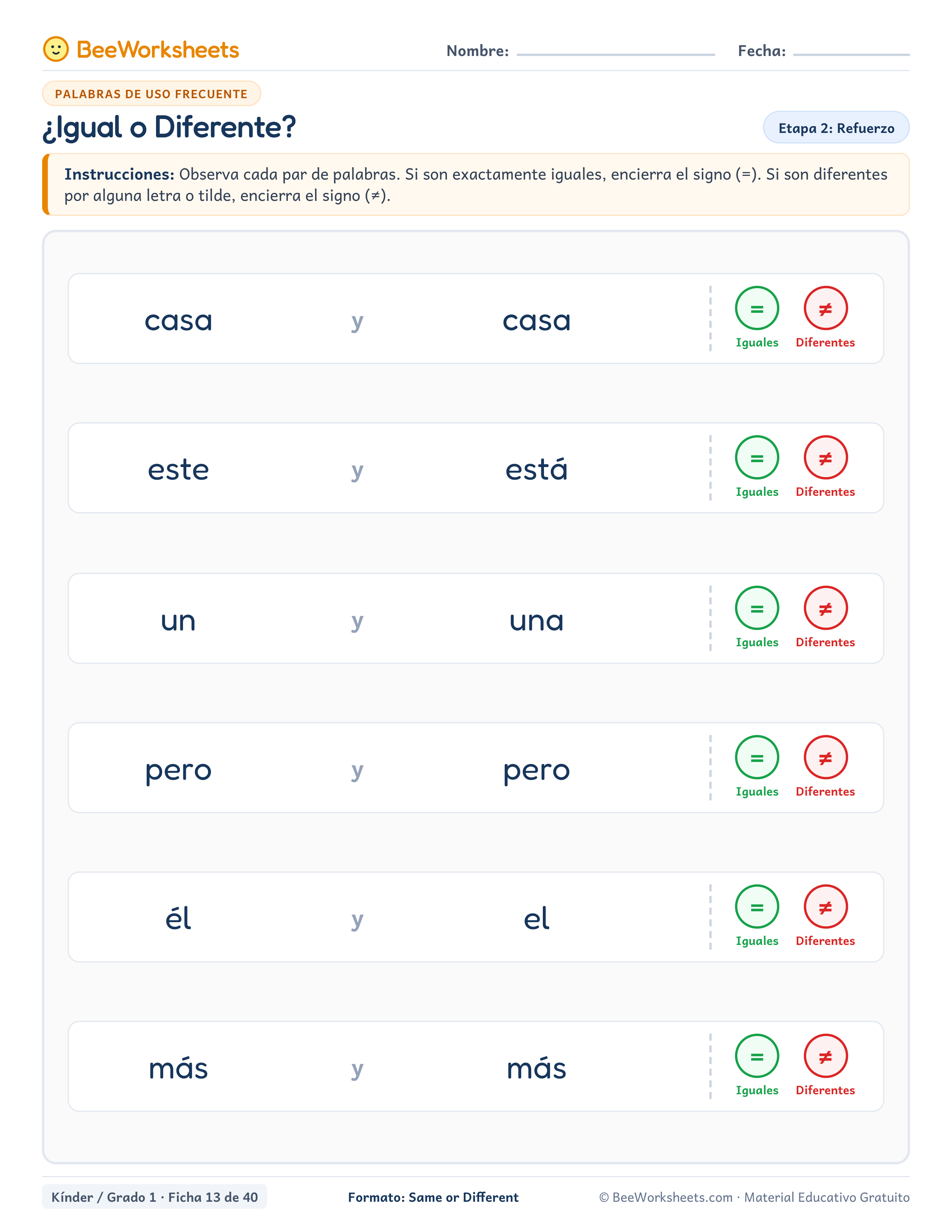 Spanish sight words worksheet: ¿Igual o Diferente?