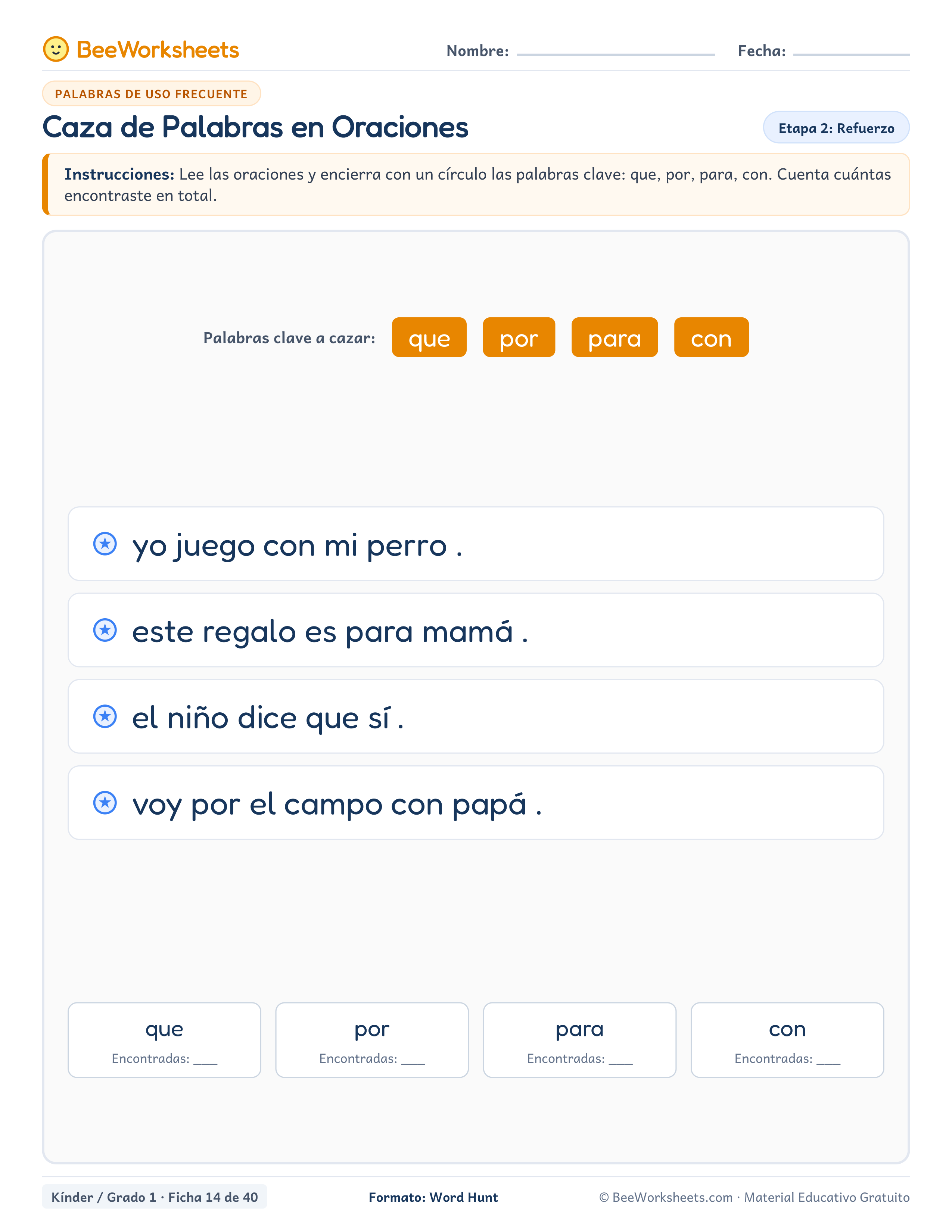 Spanish sight words worksheet: Caza de Palabras en Oraciones