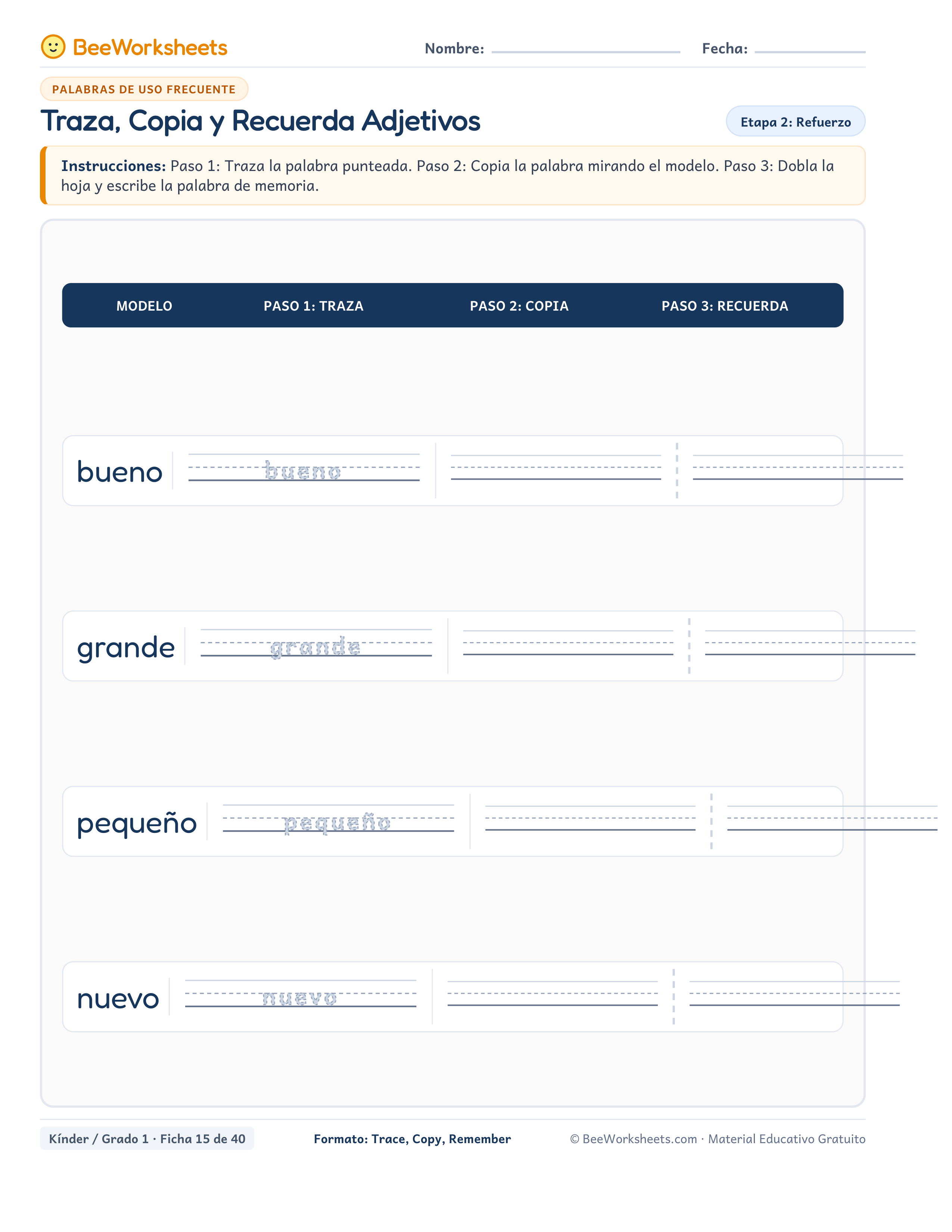 Spanish sight words worksheet: Traza, Copia y Recuerda Adjetivos