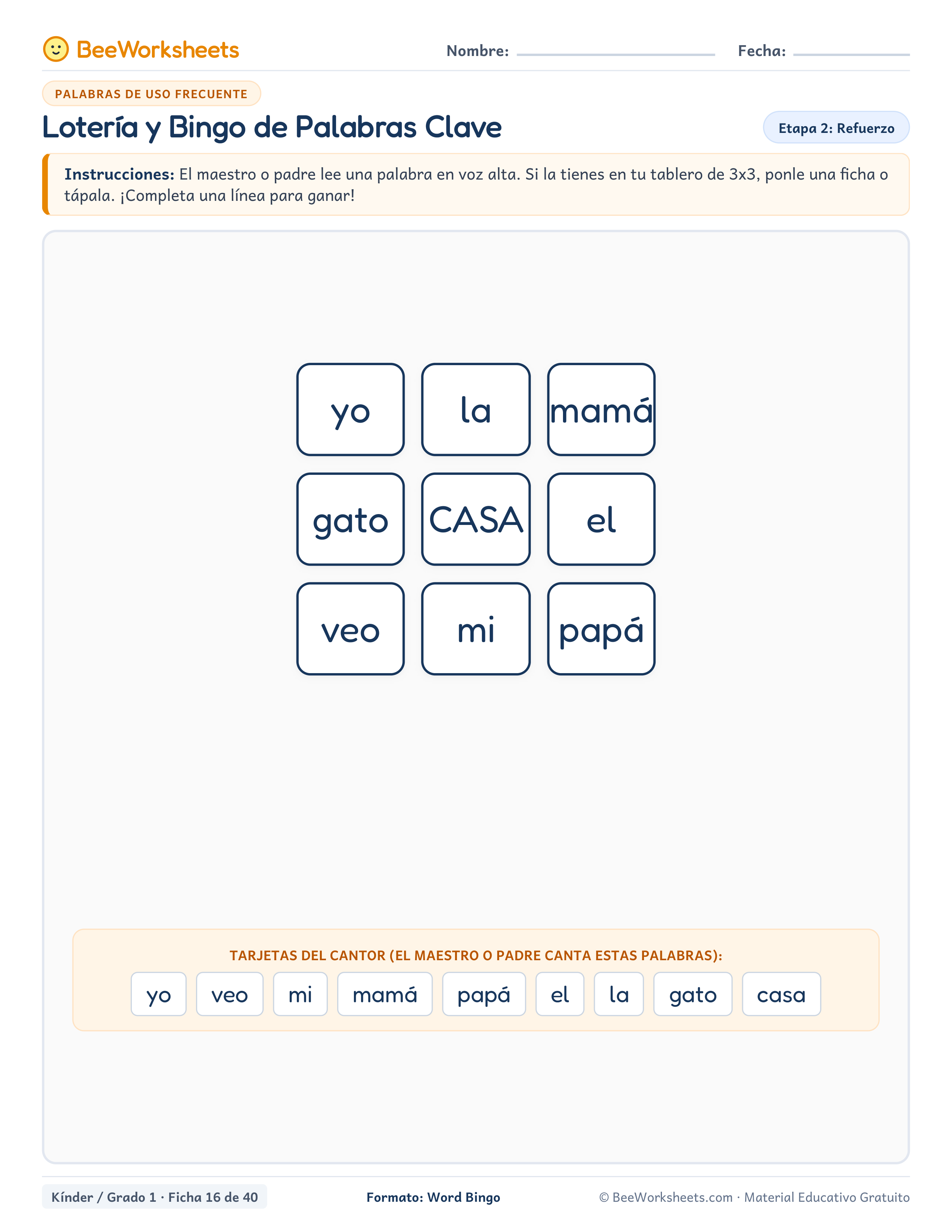 Spanish sight words worksheet: Lotería y Bingo de Palabras Clave