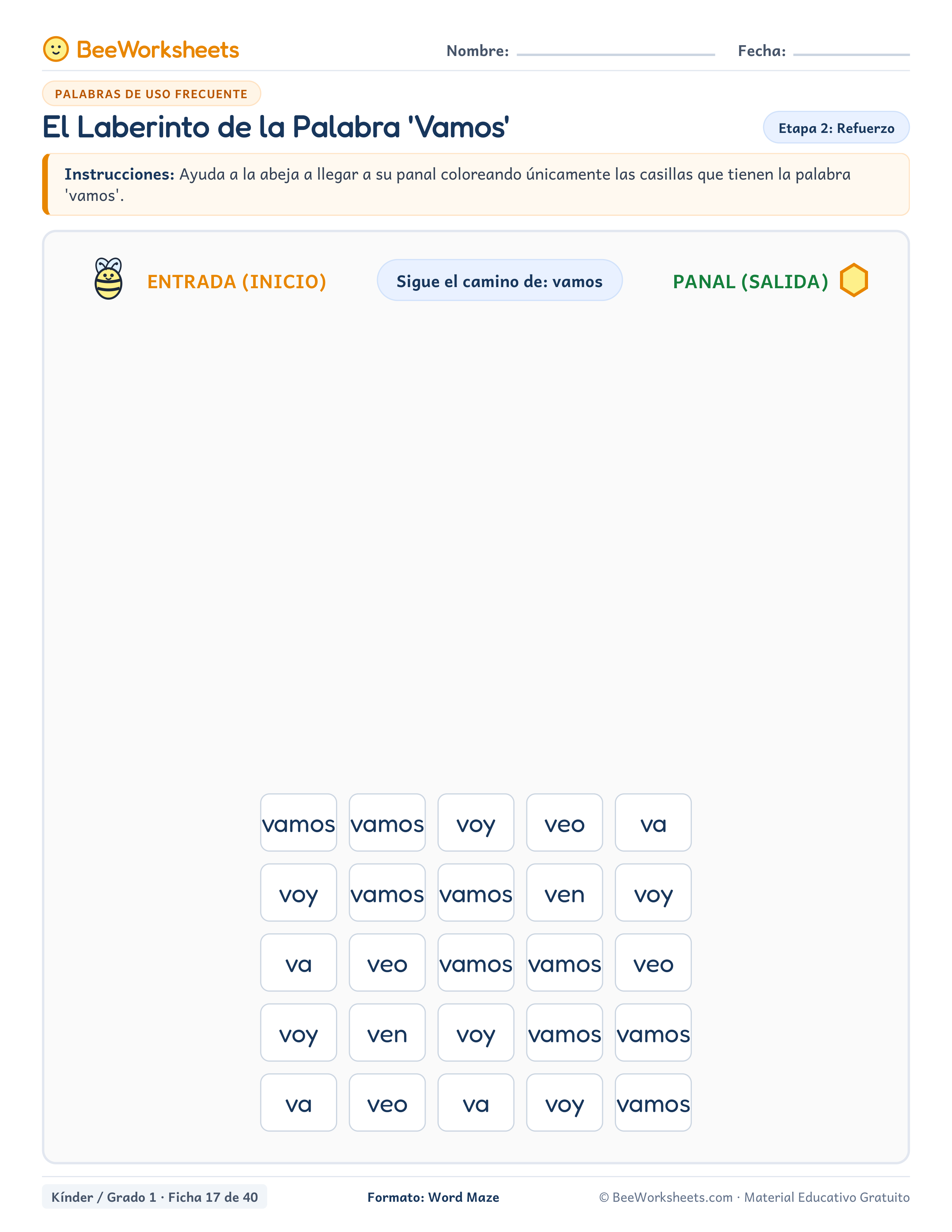 Spanish sight words worksheet: El Laberinto de la Palabra 'Vamos'