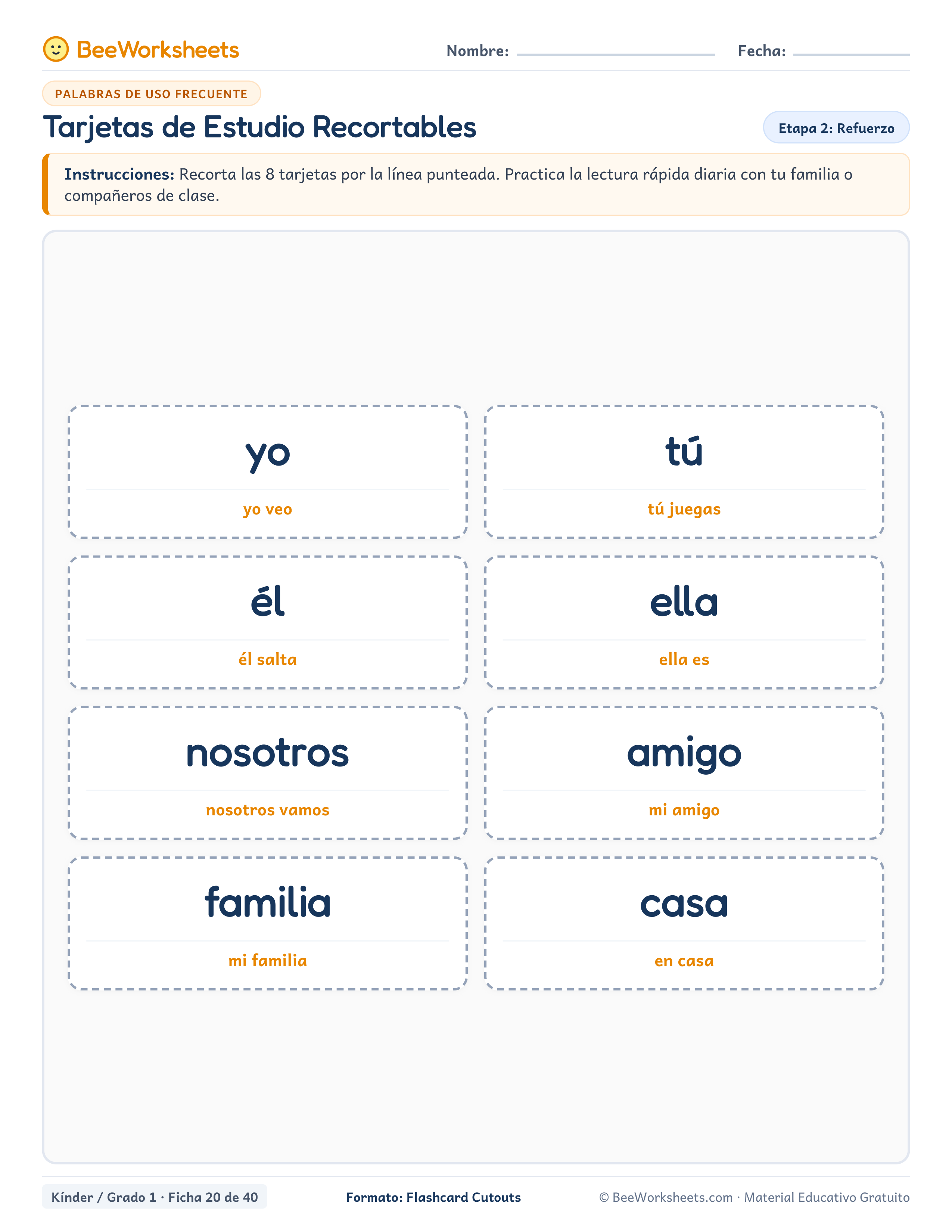 Spanish sight words worksheet: Tarjetas de Estudio Recortables