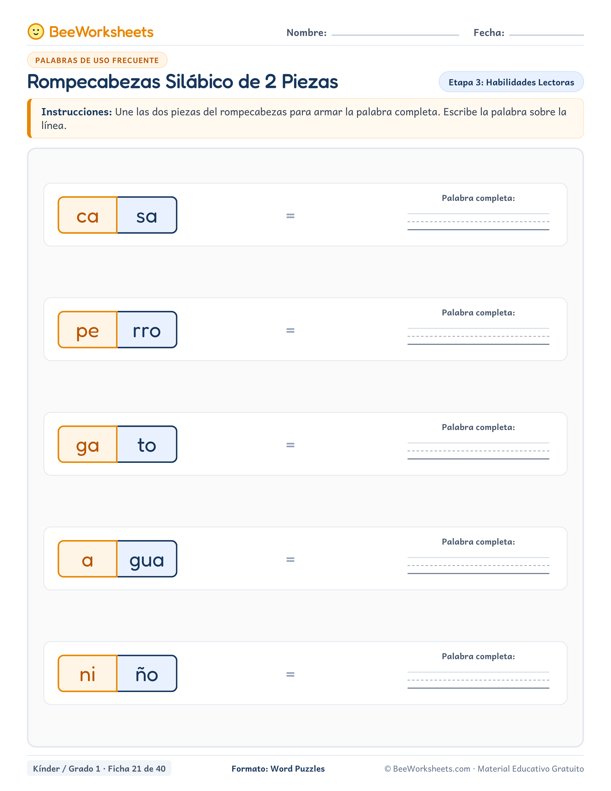 Spanish sight words worksheet: Rompecabezas Silábico de 2 Piezas