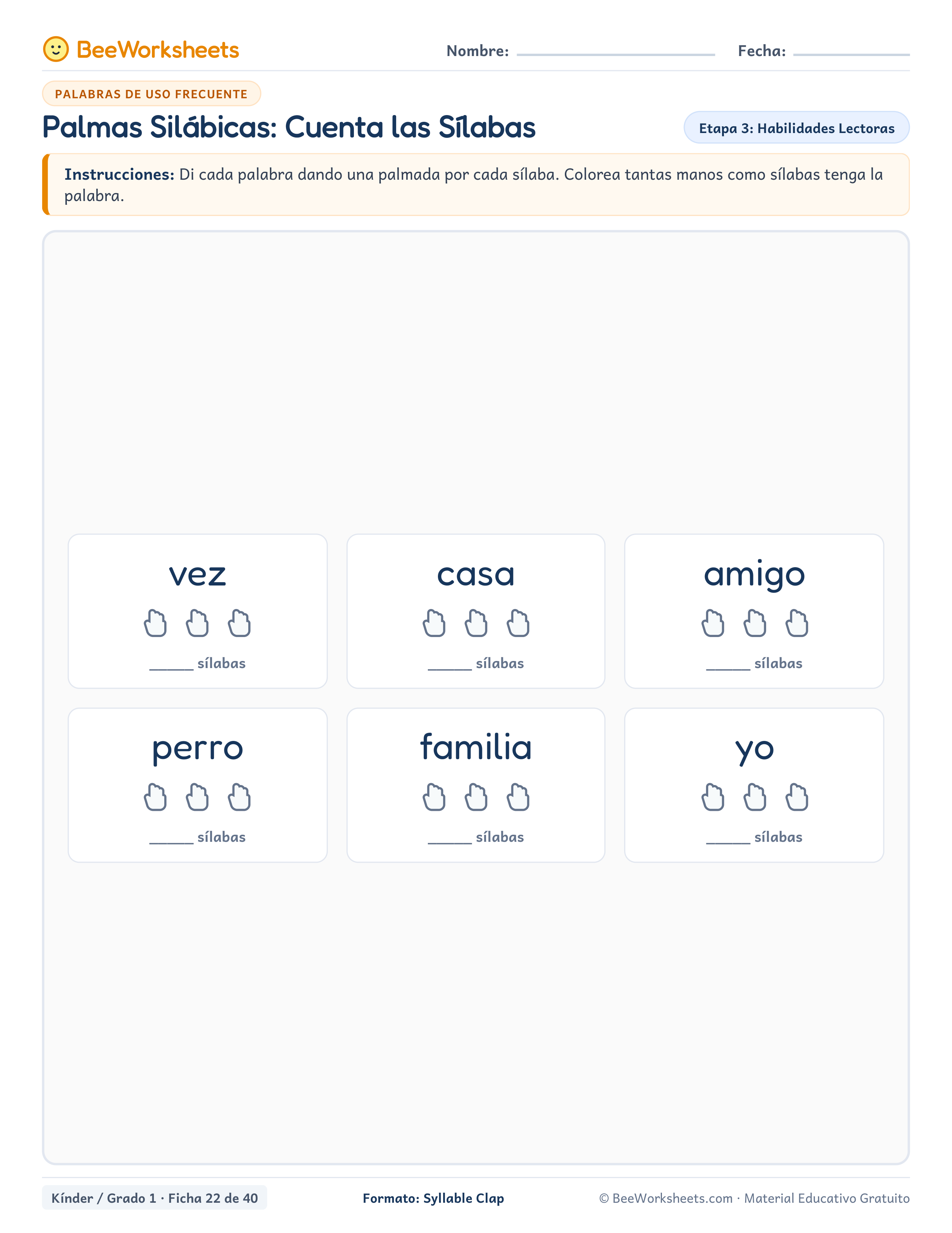 Spanish sight words worksheet: Palmas Silábicas: Cuenta las Sílabas