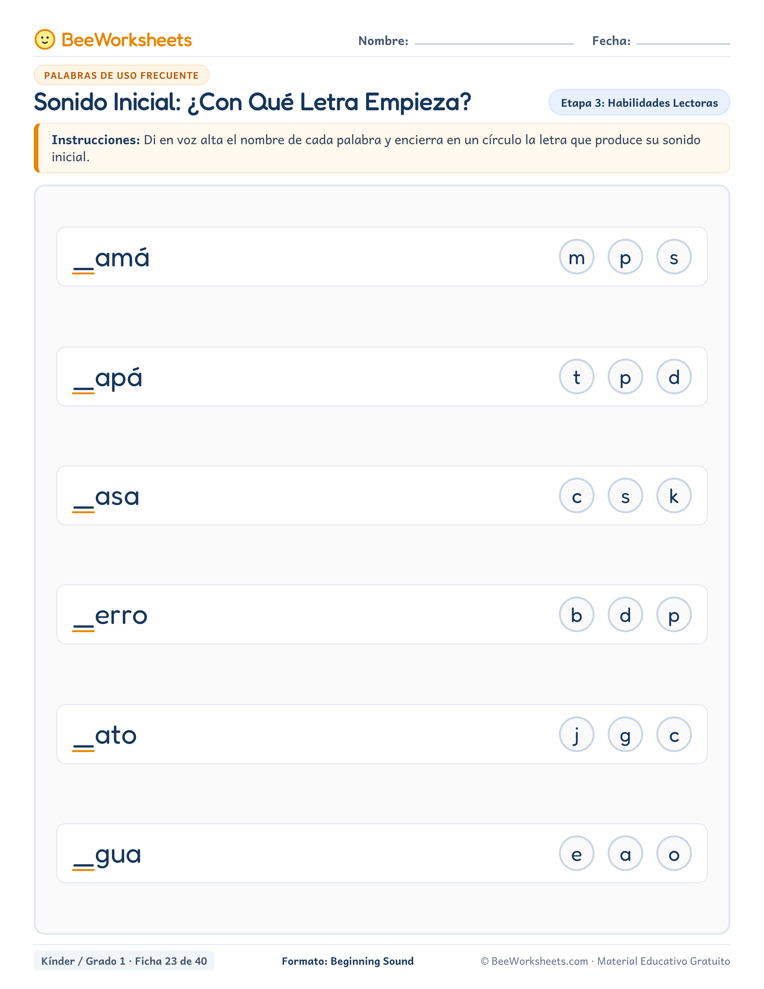 Spanish sight words worksheet: Sonido Inicial: ¿Con Qué Letra Empieza?