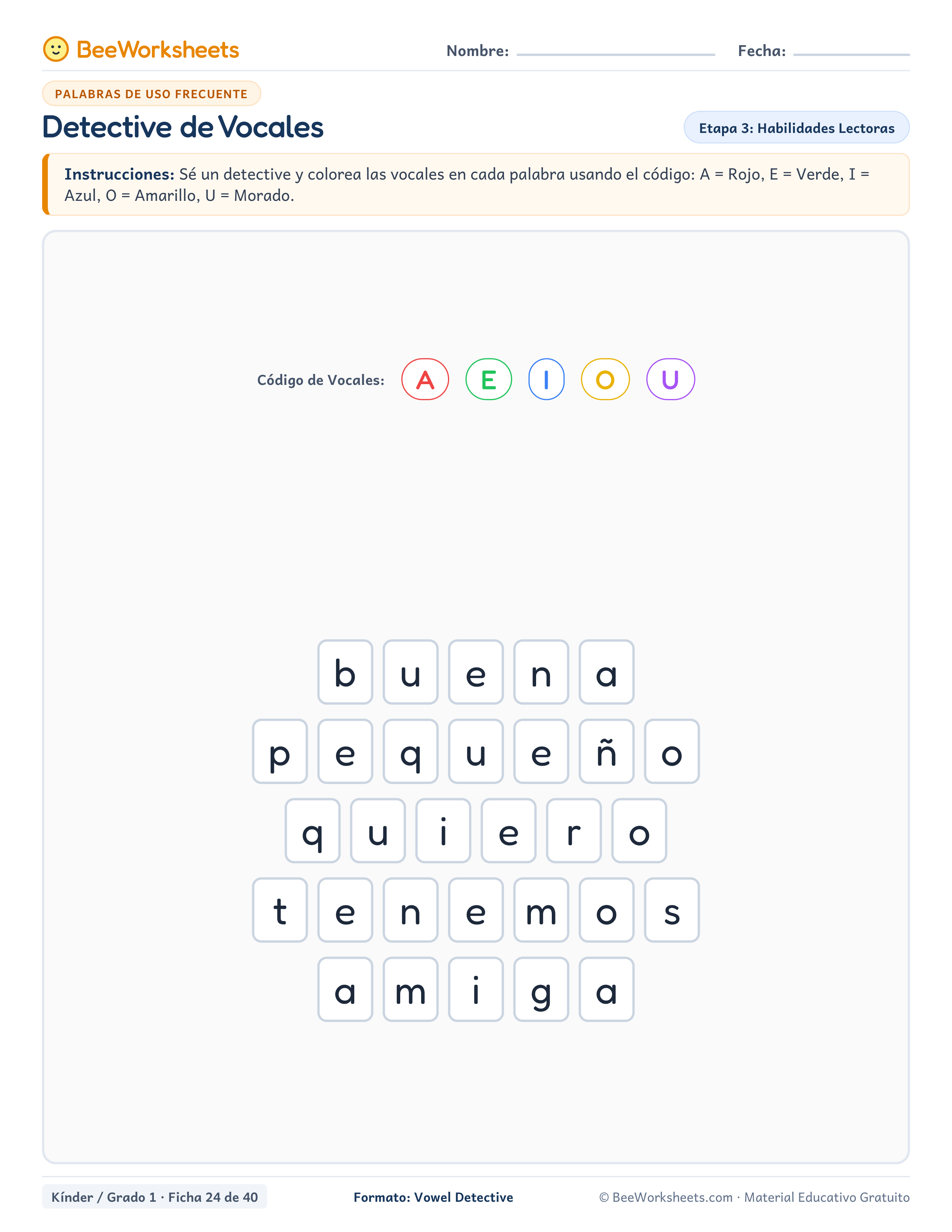 Spanish sight words worksheet: Detective de Vocales