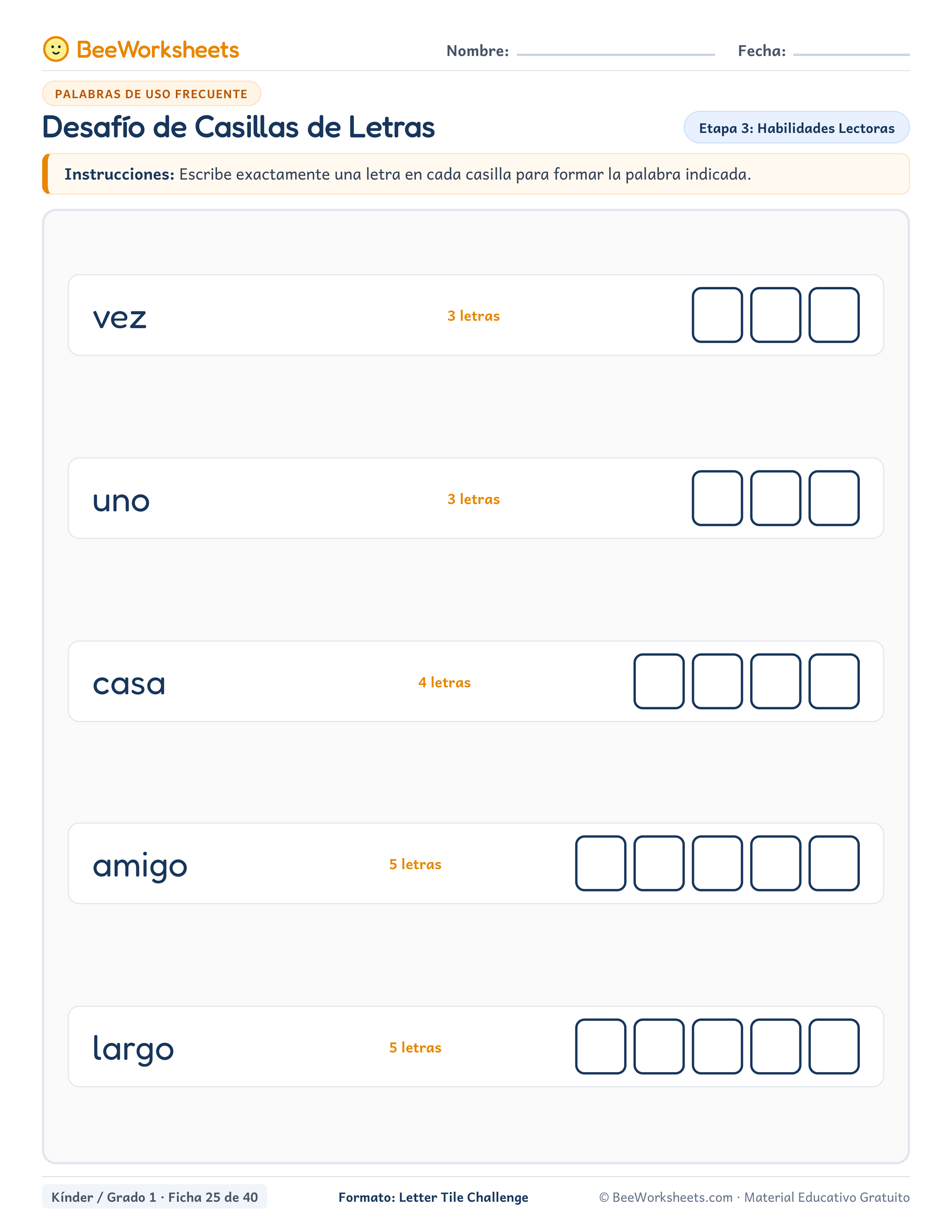 Spanish sight words worksheet: Desafío de Casillas de Letras