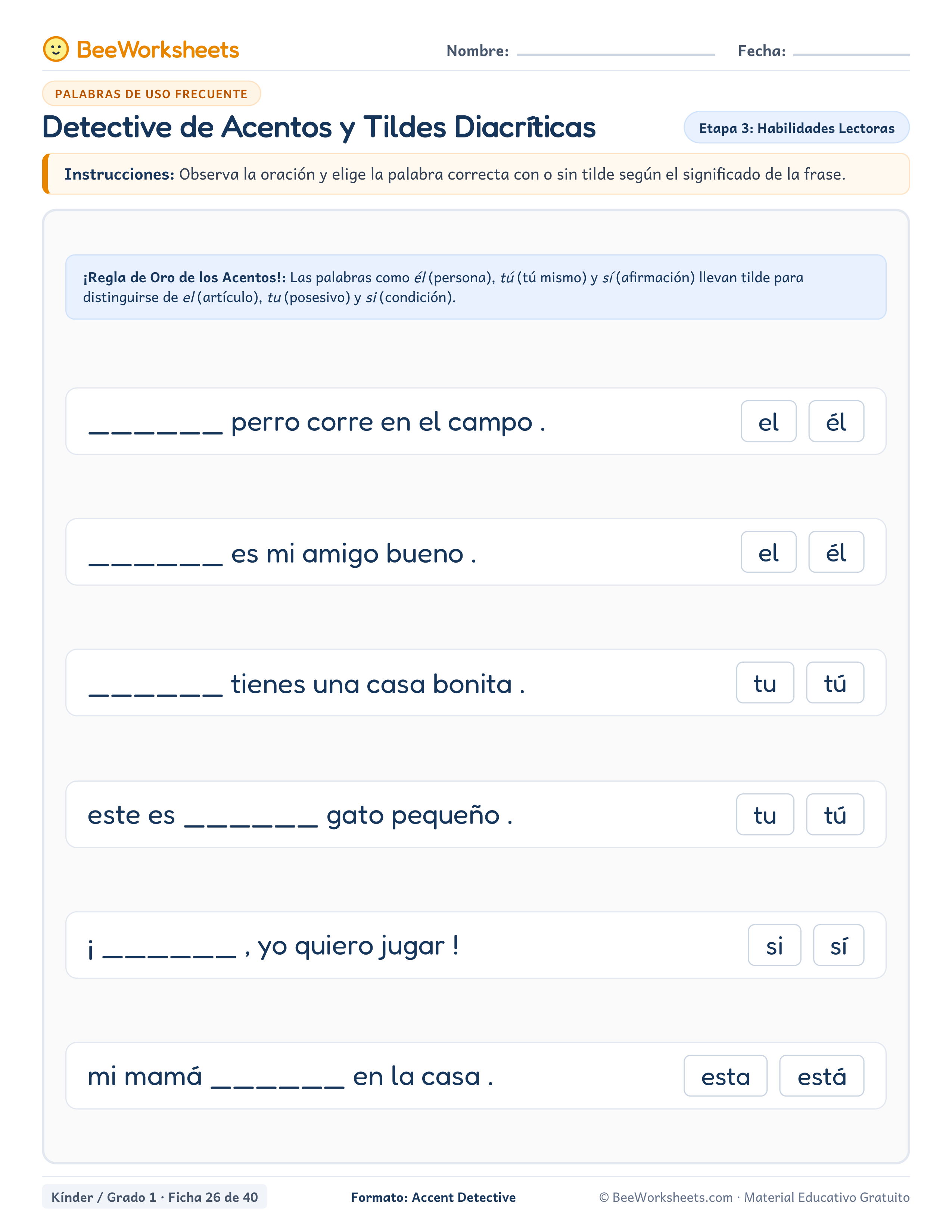 Spanish sight words worksheet: Detective de Acentos y Tildes Diacríticas