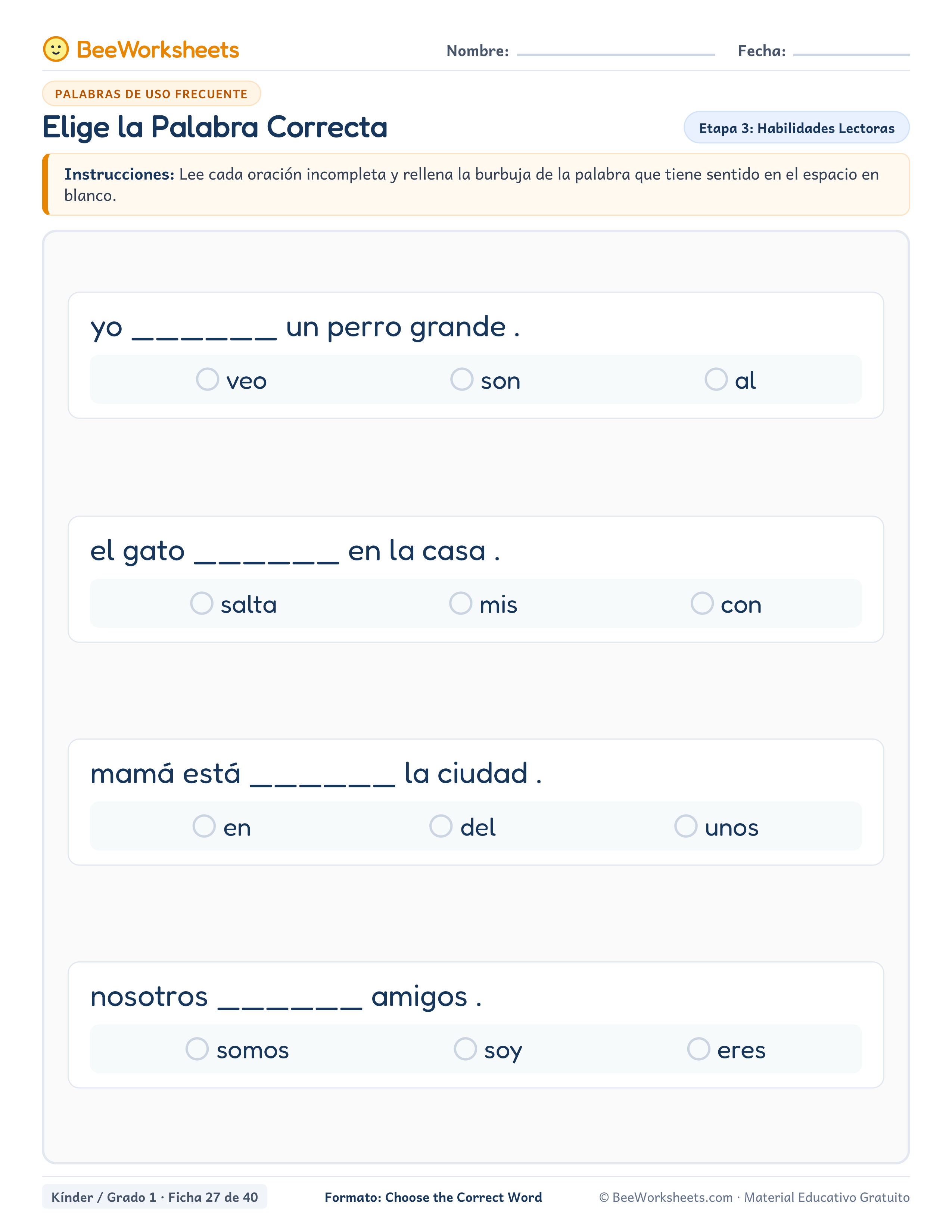 Spanish sight words worksheet: Elige la Palabra Correcta