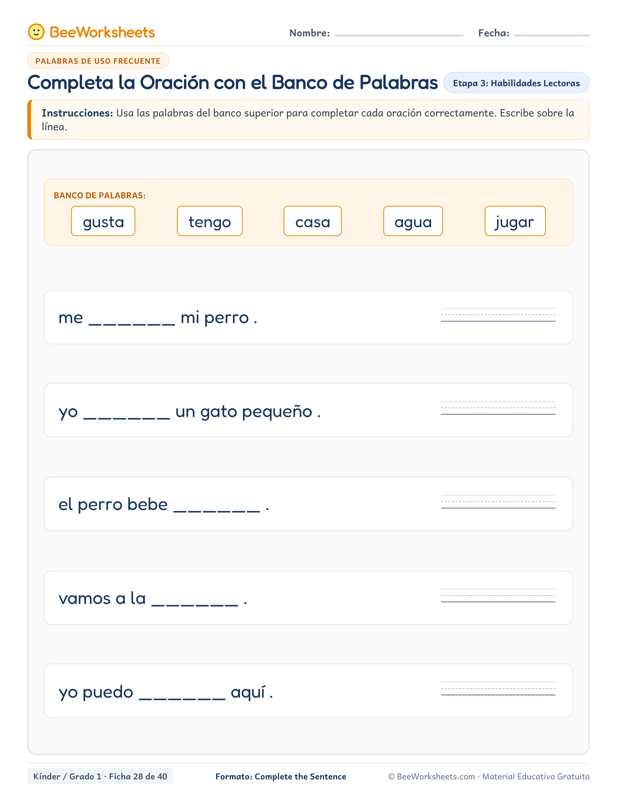 Spanish sight words worksheet: Completa la Oración con el Banco de Palabras