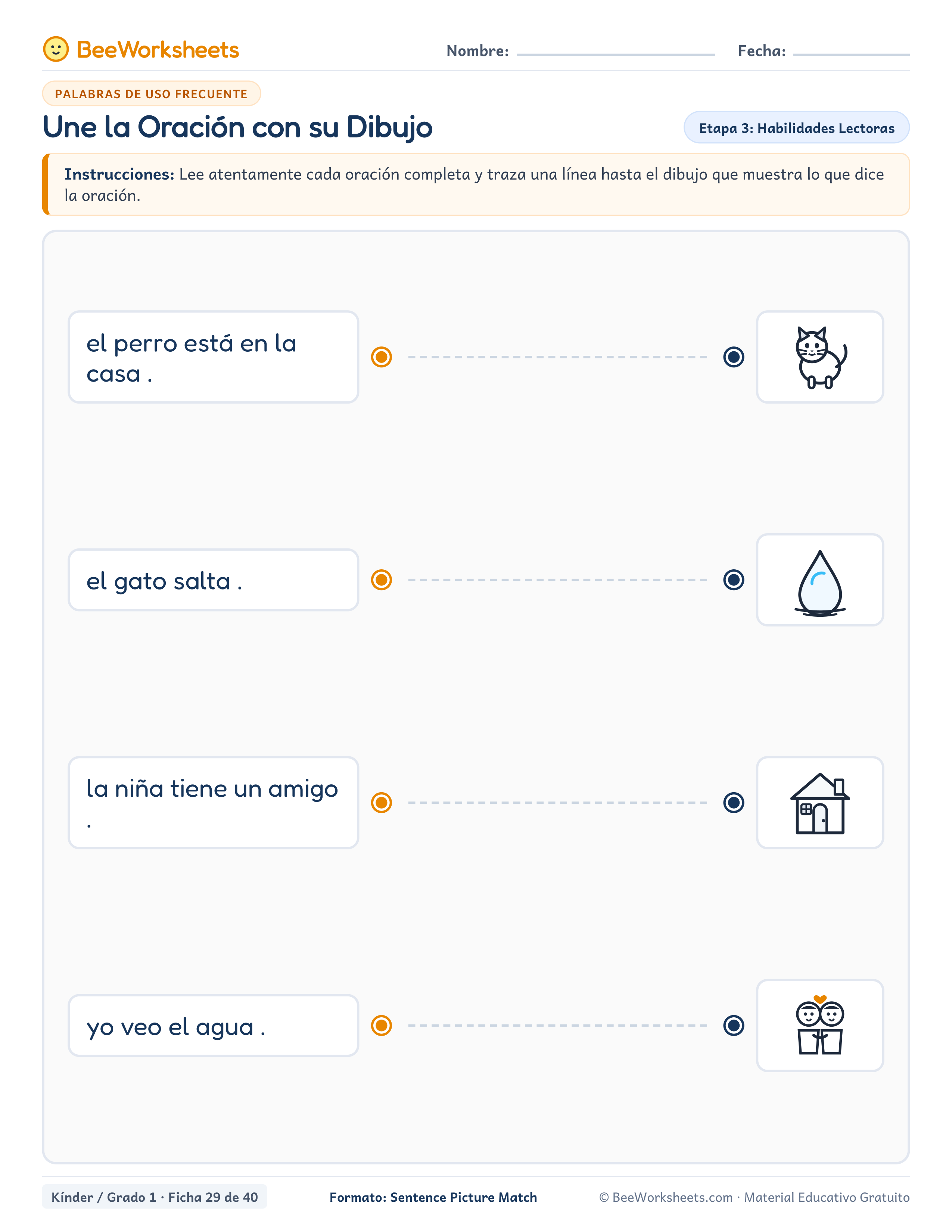 Spanish sight words worksheet: Une la Oración con su Dibujo