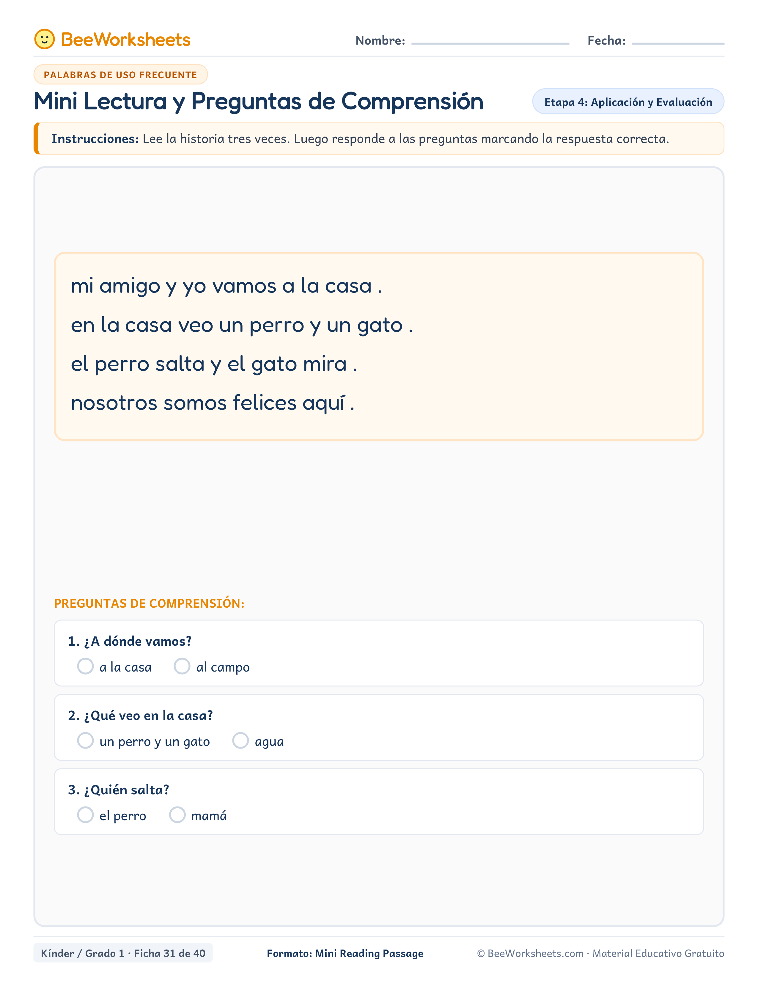 Spanish sight words worksheet: Mini Lectura y Preguntas de Comprensión