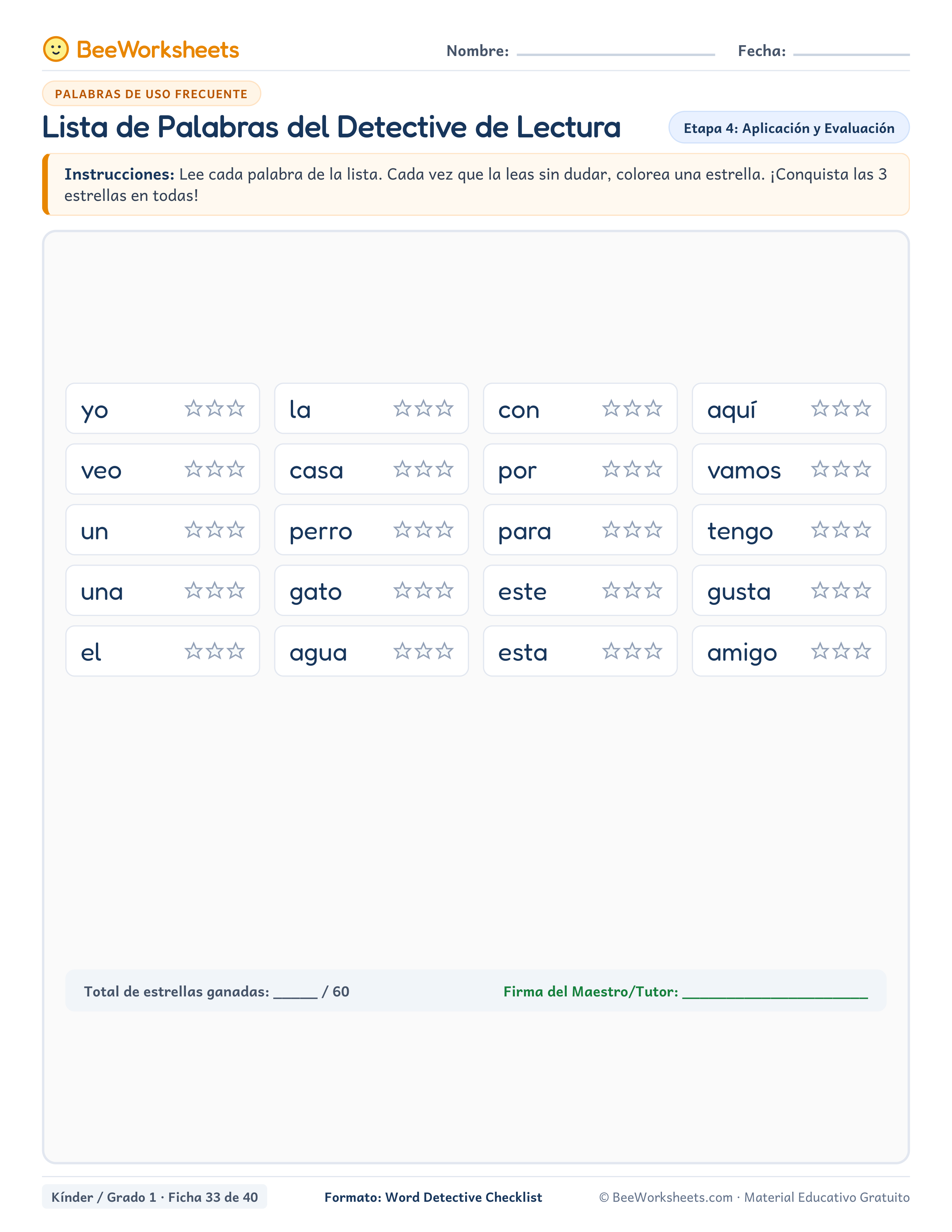 Spanish sight words worksheet: Lista de Palabras del Detective de Lectura