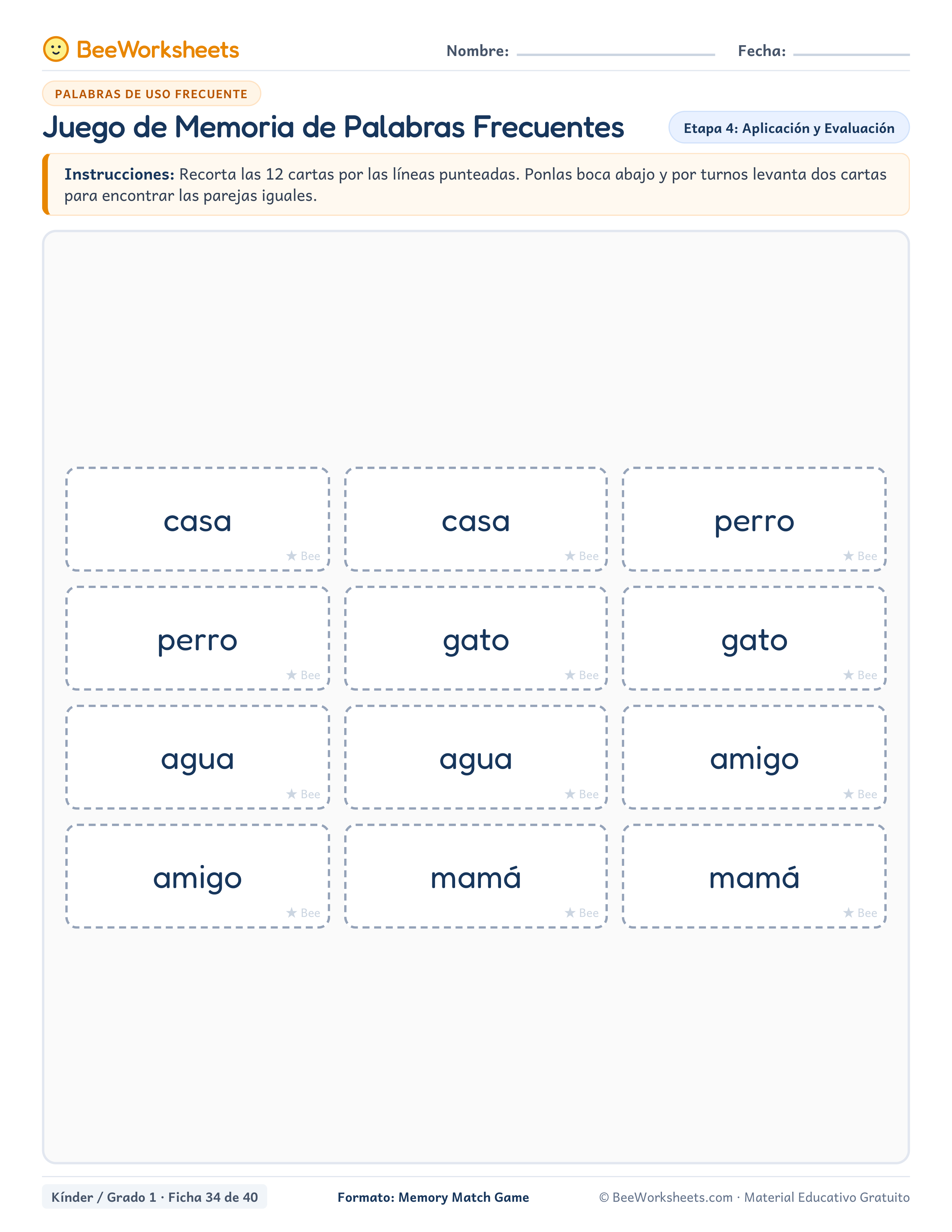 Spanish sight words worksheet: Juego de Memoria de Palabras Frecuentes