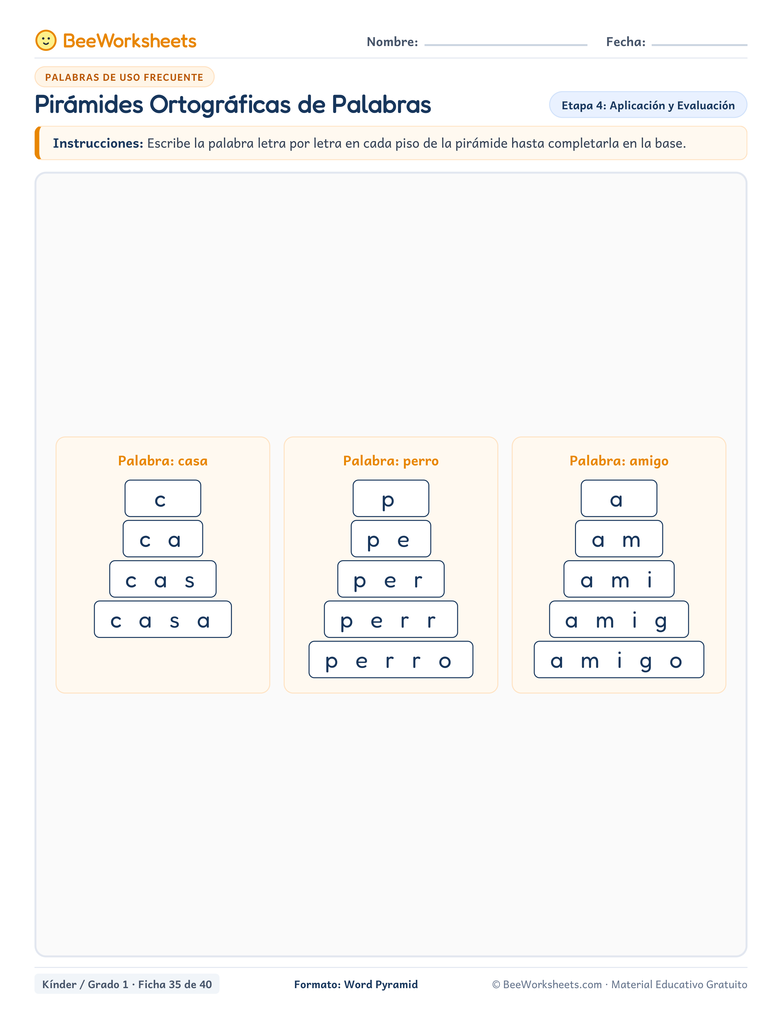 Spanish sight words worksheet: Pirámides Ortográficas de Palabras