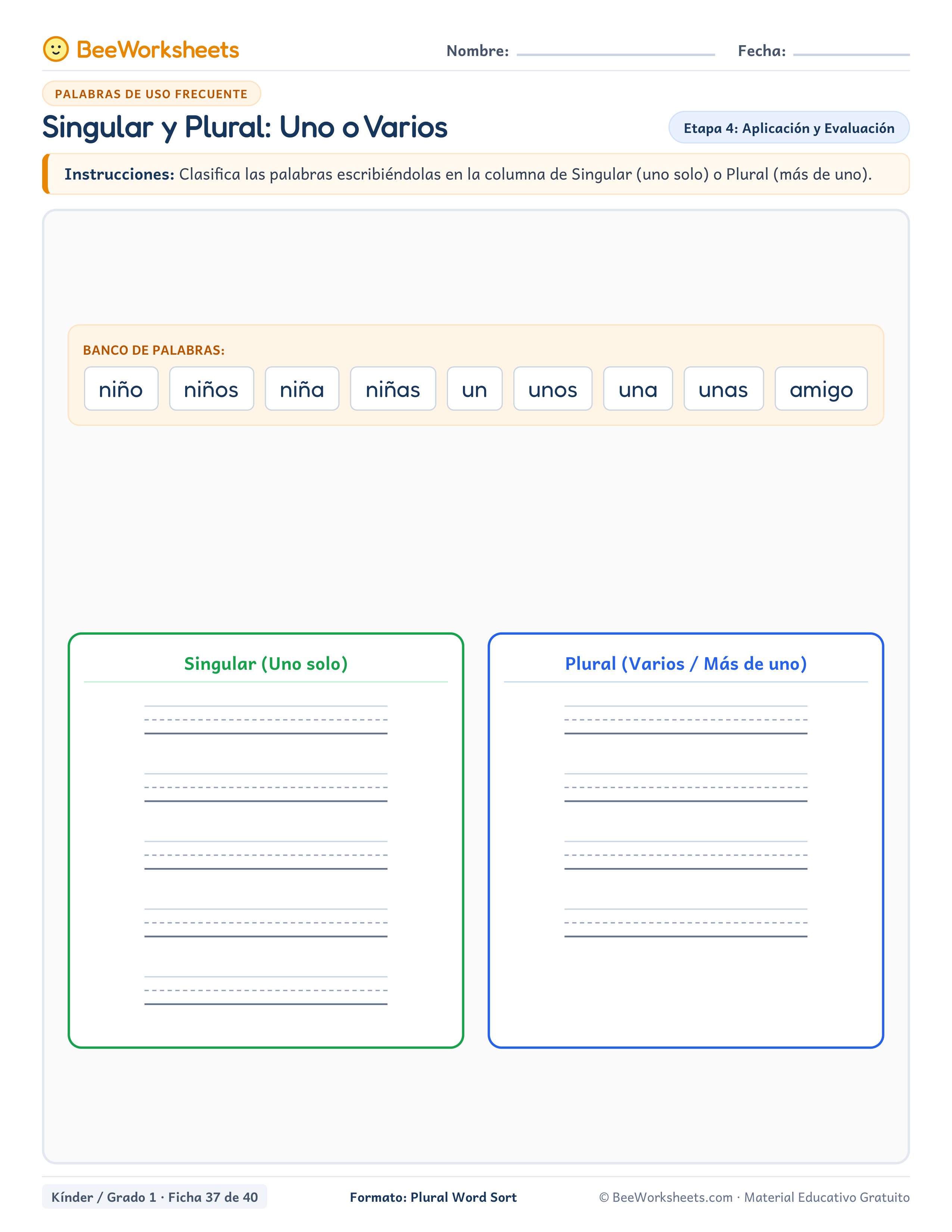 Spanish sight words worksheet: Singular y Plural: Uno o Varios