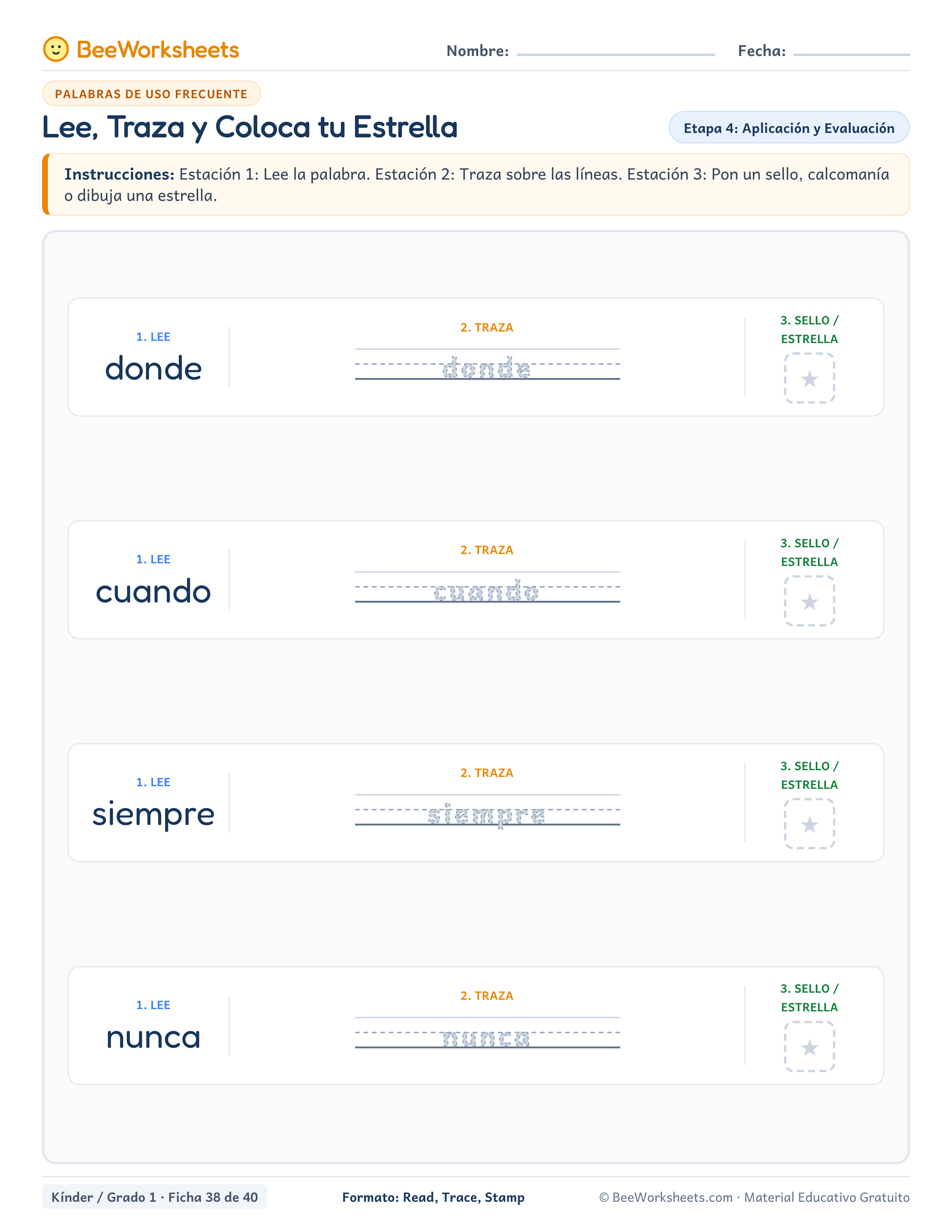 Spanish sight words worksheet: Lee, Traza y Coloca tu Estrella