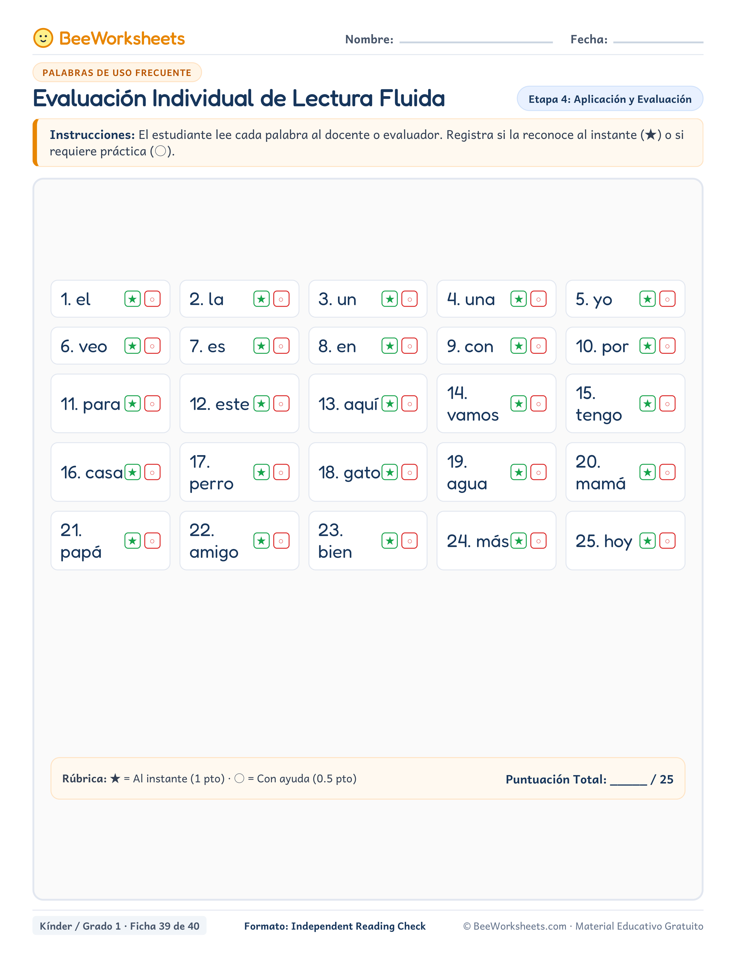 Spanish sight words worksheet: Evaluación Individual de Lectura Fluida