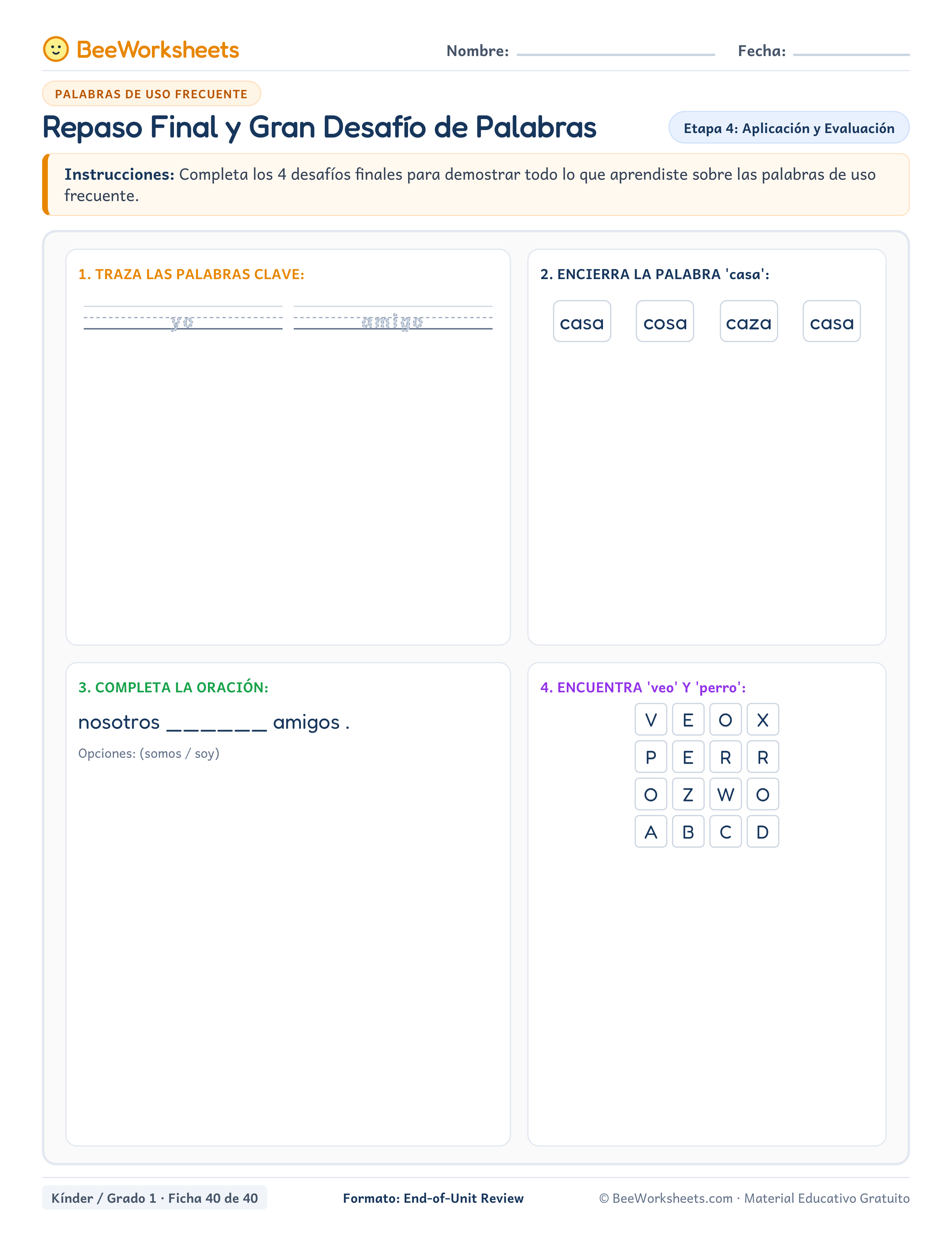 Spanish sight words worksheet: Repaso Final y Gran Desafío de Palabras